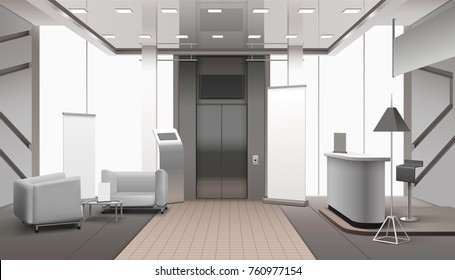 Realistic grey color lobby interior with lift, reception counter, waiting area, tiled and carpet floor vector illustration