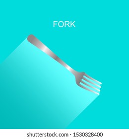 Realistic grey fork icon with long shadow on blue background. Vector Illustration for cutlery symbol.  