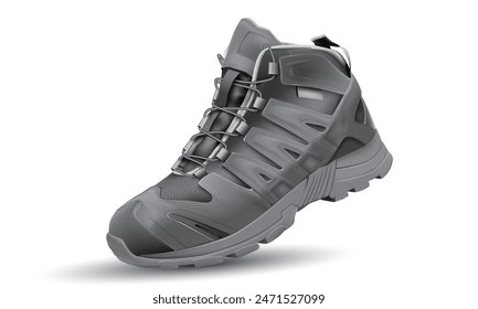 Realistic grey hiking shoe safety rubber fabric on white design for men vector illustration.