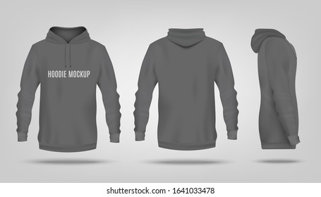 Realistic grey hoodie mockup with text template from front, back and side view - casual men's sport apparel items. Hooded sweatshirt mock up - isolated vector illustration.