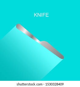 Realistic grey knife icon with long shadow on blue background. Vector Illustration for cutlery symbol.  