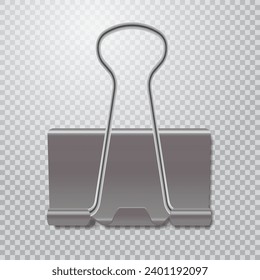 Realistic grey paper clipper on transparent background. Grey metal paper binder 3d vector illustration