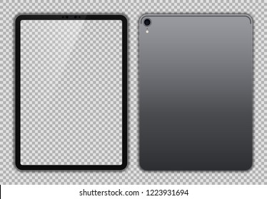 Realistic Grey / Space Gray Drawing Pad with Transparent Screen. 11 inch Scalable Tablet. Front and Back Display View. High Detailed Device Mockup. Separate Groups and Layers. Easily Editable Vector