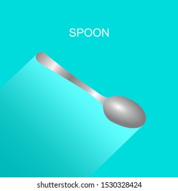 Realistic grey spoon icon with long shadow on blue background. Vector Illustration for cutlery symbol.  