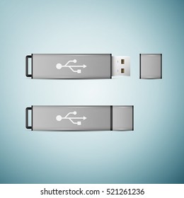 Realistic Grey USB flash drive icon isolated on blue background. Vector Illustration