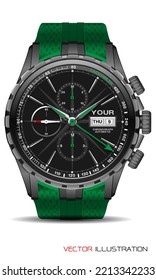 Realistic grey watch chronograph stainless steel green rubber clockwise fashion for men design luxury isolated vector illustration.
