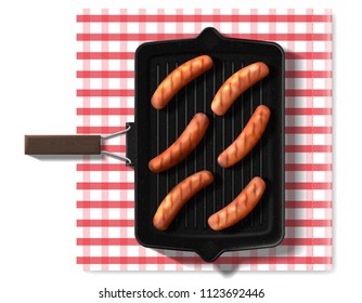 Realistic grill pan isolated on white background. Top view on sausages on grill pan. Vector illustration.