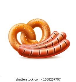 Realistic grilled meat sausage and pretzel, oktoberfest symbols. Delicious frankfurter for traditional autumn german festival design. Vector sausage and pretzel pub beer snack menu design.