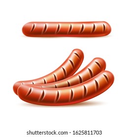 Realistic grilled meat sausage set. Delicious frankfurter for barbeque restaurant menu design. Vector bbq party symbol. Hotdog ingredient.