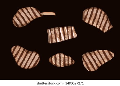 Realistic grilled meat set. Vector illustration. Black background.