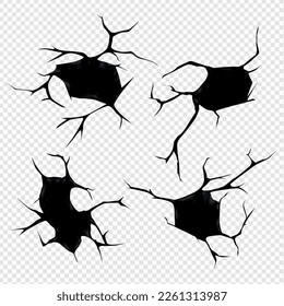Realistic ground cracks set with isolated views of four holes of different shape on transparent background vector illustration