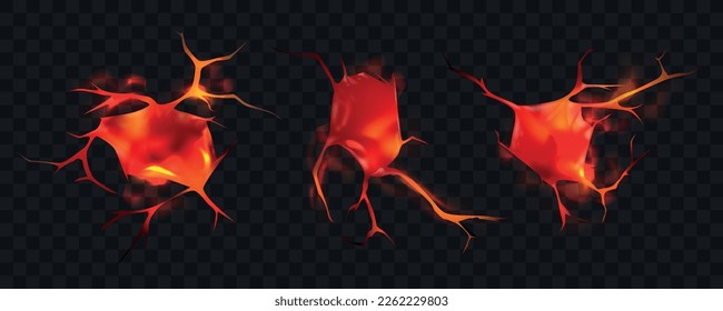 Realistic ground cracks set with three isolated images of cracked terrain holes with volcanic lava inside vector illustration