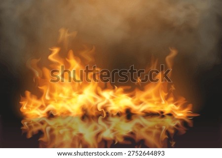 Realistic ground fire flames with smoke and glowing heat reflection effect.
