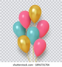Realistic group of balloons of pink, blue and gold on transparent background. Vector illustration