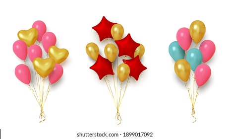 Realistic group of balloons in shape heart and star on white background. Vector illustration