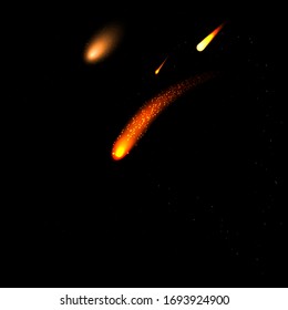 Realistic group of comets flying in the sky. A glittering shooting star. A trail of Stardust. A cosmic glittering wave. Stock vector illustration on a black isolated background.