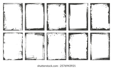 Realistic grunge overlay texture, paint frame. Old paper set with old, grunge, grainy, vintage, worn, dust effect. Distressed overlay texture stamps. Vector graphic template. Stamps distress grain