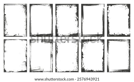 Realistic grunge overlay texture, paint frame. Old paper set with old, grunge, grainy, vintage, worn, dust effect. Distressed overlay texture stamps. Vector graphic template. Stamps distress grain