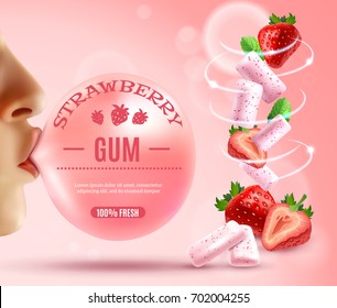 Realistic gum composition with human hands bubblegum with editable text and whirlwind of berries and gum pieces vector illustration