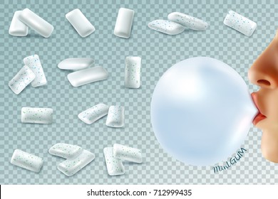 Realistic gum transparent set with mint chewing gum pieces and human lips with bubble on transparent background vector illustration