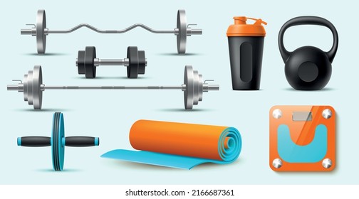 Realistic gym fitness set. Bodybuilding accessories, heavy metal dumbbell, barbells with different necklines, kettlebell, sport mat and shaker, scales. Utter vector isolated illustration