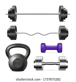 Realistic gym weights set - weight lifting equipment isolated on white background. Heavy black barbells, light dumbbell and cast iron kettlebell, vector illustration.