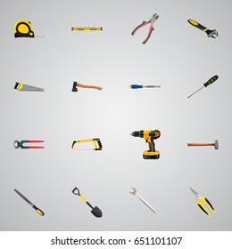 Realistic Hacksaw, Carpenter, Forceps And Other Vector Elements. Set Of Instruments Realistic Symbols Also Includes Pincers, Arm, Wrench Objects.