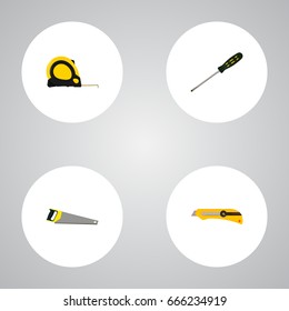 Realistic Hacksaw, Carpenter, Length Roulette And Other Vector Elements. Set Of Tools Realistic Symbols Also Includes Hacksaw, Tool, Roller Objects.