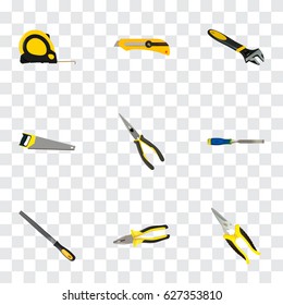 Realistic Hacksaw, Carpenter, Sharpener And Other Vector Elements. Set Of Tools Realistic Symbols Also Includes Nippers, Hacksaw, Chisel Objects.