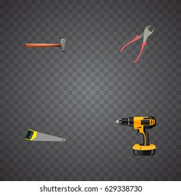 Realistic Hacksaw, Forceps, Electric Screwdriver And Other Vector Elements. Set Of Construction Realistic Symbols Also Includes Tool, Saw, Electric Screwdriver Objects.