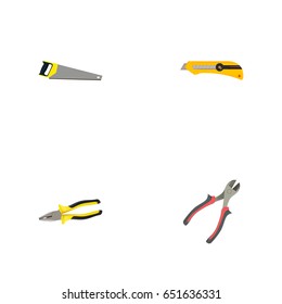 Realistic Hacksaw, Forceps, Pliers And Other Vector Elements. Set Of  Realistic Symbols Also Includes Sawmill, Knife, Instrument Objects.