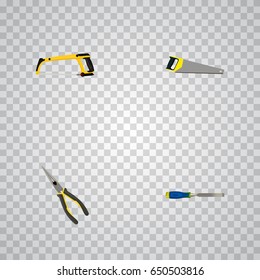 Realistic Hacksaw, Nippers, Carpenter And Other Vector Elements. Set Of Instruments Realistic Symbols Also Includes Nippers, Chisel, Noise Objects.