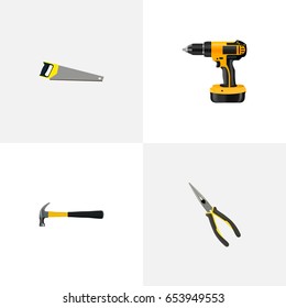 Realistic Hacksaw, Nippers, Claw And Other Vector Elements. Set Of  Realistic Symbols Also Includes Sawmill, Electric Screwdriver, Noise Objects.