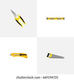 Realistic Hacksaw, Scissors, Plumb Ruler And Other Vector Elements. Set Of Instruments Realistic Symbols Also Includes Knife, Hacksaw, Stationery Objects.