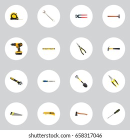 Realistic Hacksaw, Wrench, Carpenter And Other Vector Elements. Set Of Instruments Realistic Symbols Also Includes Hammer, Ax, Level Objects.