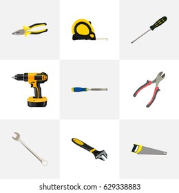 Realistic Hacksaw, Wrench, Length Roulette And Other Vector Elements. Set Of Instruments Realistic Symbols Also Includes Pliers, Screwdriver, Wrench Objects.