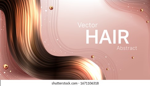 Realistic Hair Abstract Vector Poster, Wavy Brown Earlock Strand On Smooth Beige Background With Golden Pearls. Beauty Salon, Cosmetics Product Or Shampoo Advertising Banner Template, 3d Illustration