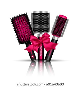 Realistic hair brush composition with three hairbrushes for styling tied a red ribbon vector illustration