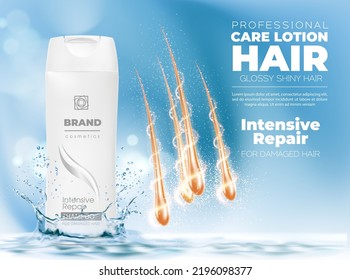 Realistisches Haar Shampoo und blondes Haar mit Wassersplash. Vektor 3d-Flasche aus Shampoo, Konditionierer oder Lotion, Kosmetikprodukt, Haarpflege und Behandlung weißer Plastikverpackung mit Silber