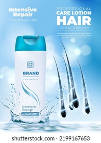 Realistic hair shampoo and care lotion bottle with splash. Cosmetics beauty product advertising realistic 3d vector template. Conditioner, cosmetic tube and shining healthy follicles promo ad poster