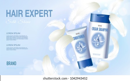 Realistic hair shampoo conditioner. Tube container cosmetic light background blue sunny sky spring white feather. 3d template mock up branding cosmetic care product vector illustration