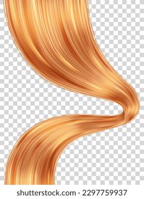 Realistic hair strands on checkered background. 3d vector illustration with realistic hair strands. Vector element for hairdresser salons, cosmetics, shampoo or conditioner package.