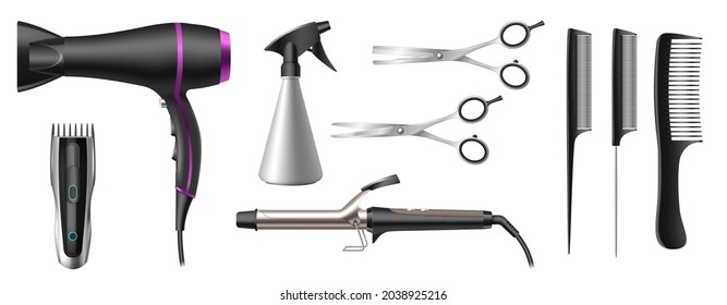 Realistic hairdresser salon or barbershop tools set. 3d professional hairstyle accessories. Scissors, hairdryer, electric razor, curling iron, clippers and combs. 3d vector illustration