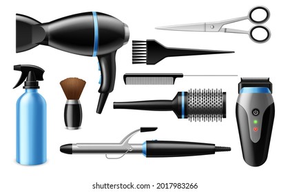 Realistic hairdresser tools. 3D professional salon accessories. Isolated barber equipment set. Beauty and hair care instruments. Vector scissors or curling iron, clippers and combs