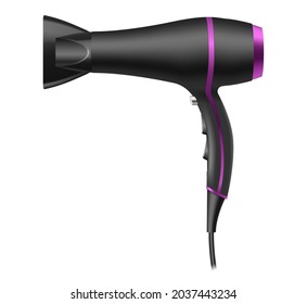 Realistic hairdryer for hairdresser salon, barbershop or home usage. Electric barber tool for drying hair and hairdo isolated on white background. 3d vector illustration