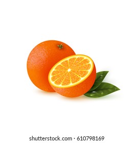 Realistic half cut and whole orange with leaves. Isolated on white background. Vector illustration.