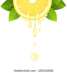 Realistic half lemon slice with leaves and drops of juice. Juicy fruit. Fresh citrus design on white background vector illustration