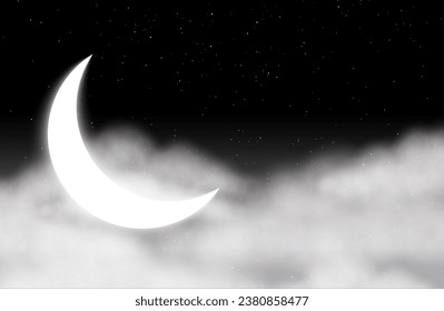 realistic half moon and star night sky background with clouds design vector
