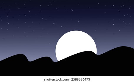 Realistic half moon and starry night sky background. countryside scene at night time with moon. row of mountains