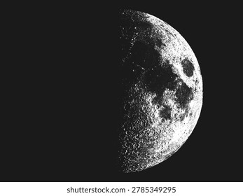 Realistic half Moon in stippling style with detailed lunar surface. Astronomy inspired minimal space art print showing lunar phase with and dramatic light contrast for modern interior, wall decor with cosmic aesthetic. Black and white space artwork with thousands of dots forming highly realistic lunar surface with depth and strong contrast. Astronomy inspired space poster with rich texture and realistic surface details for modern stylish space wall decor. Vector illustration